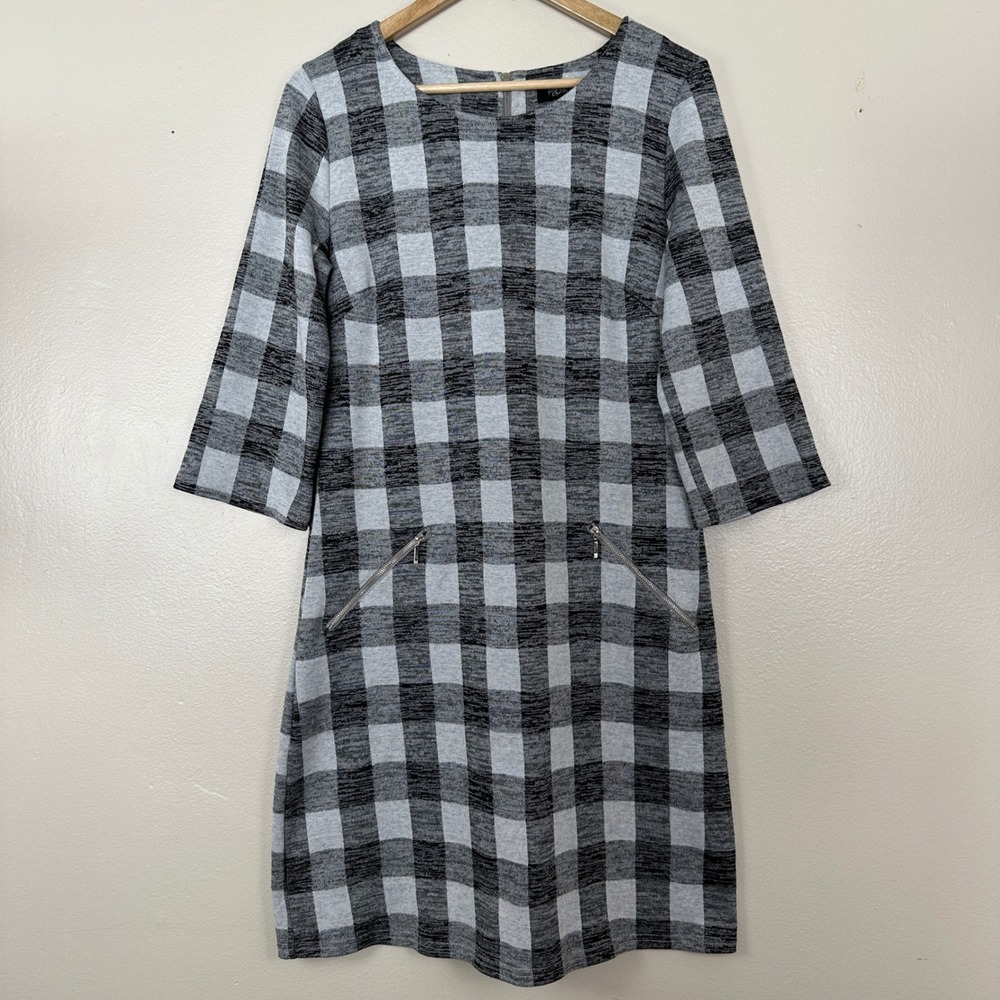Papillon Women's Medium Shift Dress Grey Black Buffalo Plaid 3/4 Sleeve Zipper